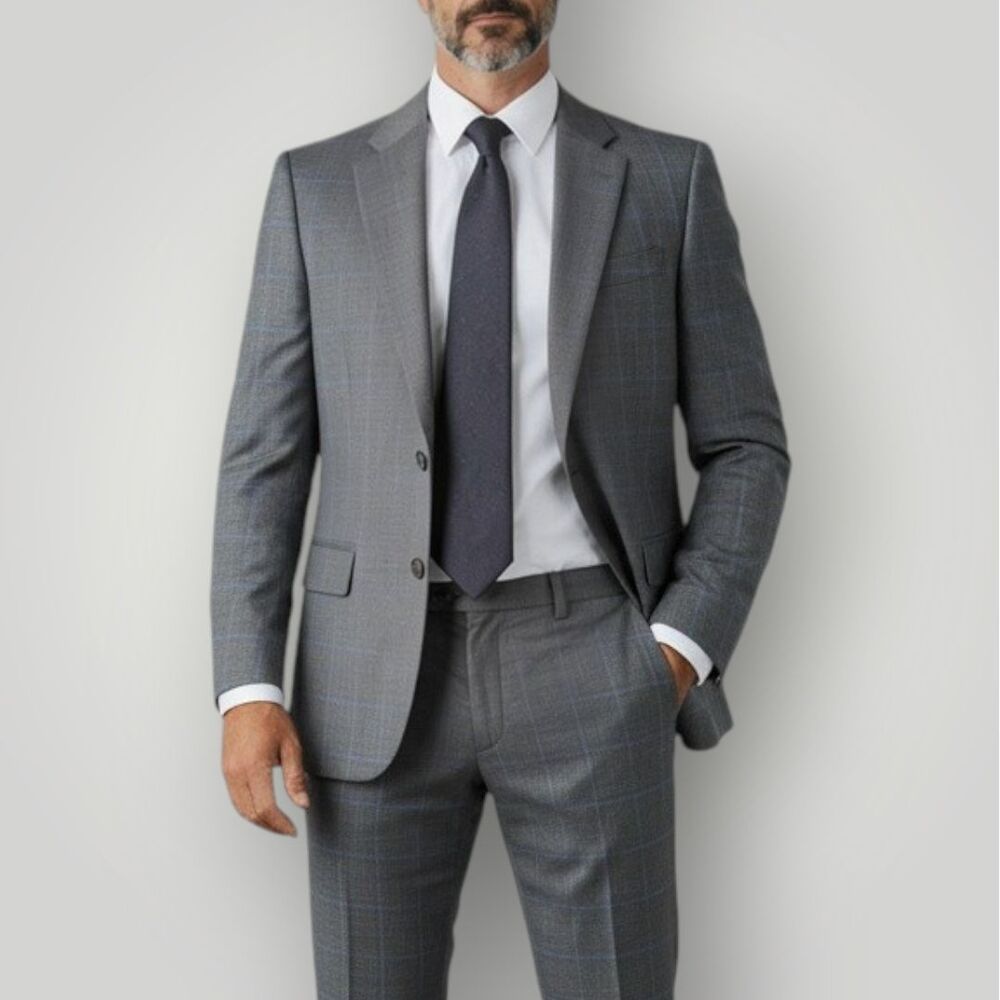 JOS A BANK Slim Mens 2 Piece Suit Jacket 42R Pant 36W-UNHEMMED Gray/Blue Plaid